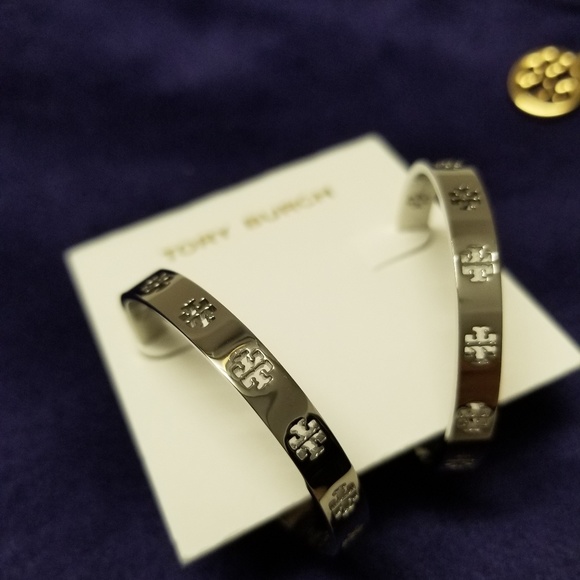 Tory Burch Silver Pierced T Hoop Earrings - Picture 3 of 6